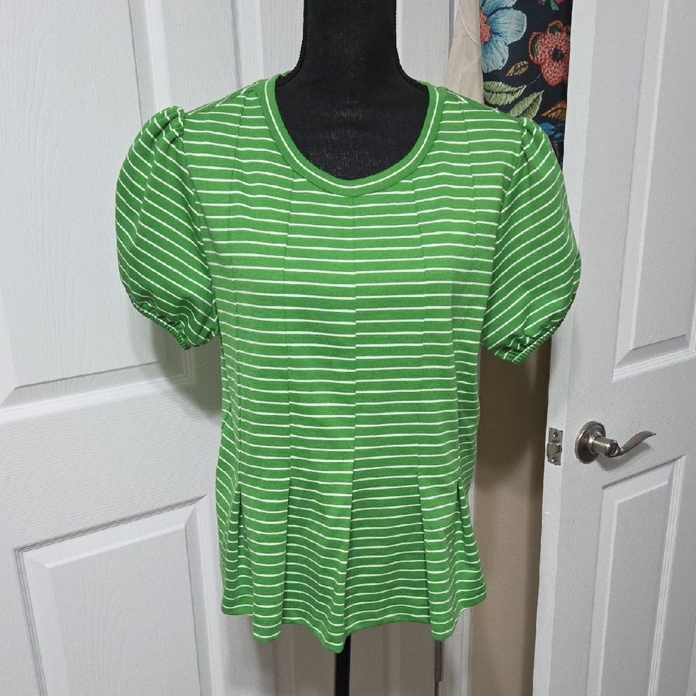 Anthropologie Green Striped Puff Sleeve Top